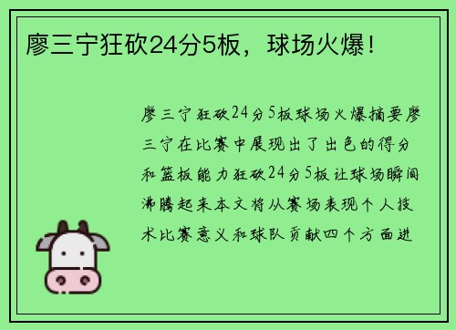 廖三宁狂砍24分5板，球场火爆！